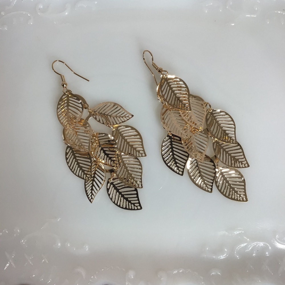 Gold Tiered Leaf Statement Fashion Dangle Earrings - NWOT